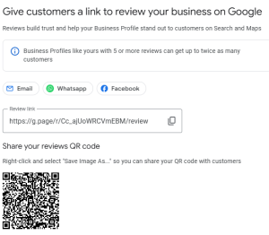 Screenshot of site page that opens when you click the button "Ask for Reviews" from your Google Business Profile Manager, including ways to share a review, the review link, and a reviews QR code.