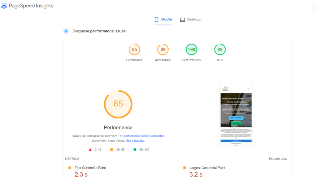 page speed insights